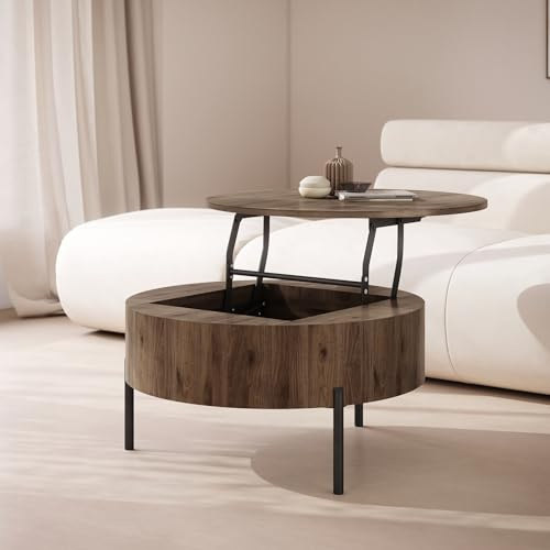 designimpex ZAF-1 Couchtisch rund Elegant Nussbaum aufklappbar höhenverstellbar Stauraum modern runder Wohnzimmertisch Esstisch Beistelltisch Sofatisch Round platzsparend hochwertig Wohnzimmer