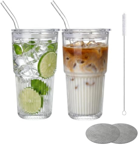 OrientVelo Lot de 2 Gobelets Réutilisables 550ml avec Paille en Verre – Verres à Smoothie et Café Glacé Nomades – Couvercle Hermétique Anti-Fuite, 2 Pailles, Brosse de Nettoyage et 2 Sous-Verre