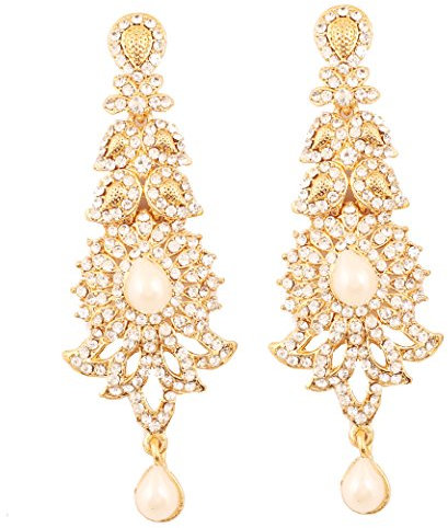 Touchstone Hollywood Glamour Oscar Collection Boucles d'oreilles lustre extra longues avec strass indiens et fausses perles, bijoux de mariée de créateur en ton or antique pour femme