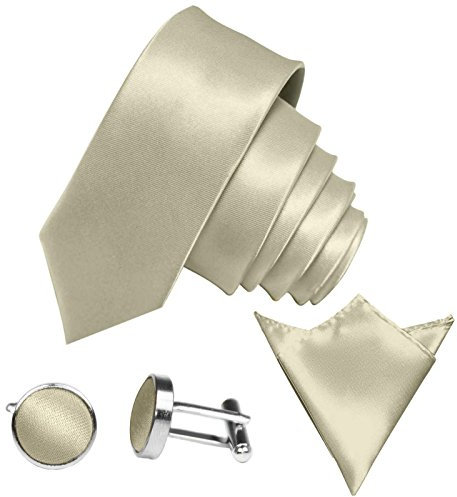 GASSANI 3Tlg Krawatten-Set, 6Cm Skinny Schmale Cremefarbene Herren-Krawatte Dünn Manschettenknöpfe Ein-Stecktuch, Bräutigam Hochzeitskrawatte Glänzend