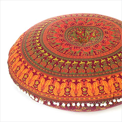 Eyes of India - 32 Bunt Runde Boden Meditation Kissen Sitz Überwurf Mandala Hippie Rund Bunt Dekorativ Indisch Boho Chic Hundebett Bohemian Akzent Handgefertigt Abdeckung - P1 Weinrot