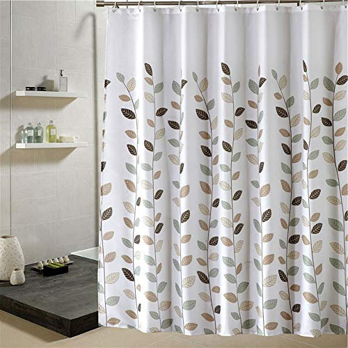 Blanc Rideau de Douche 180x200 cm, Tissu en Polyester Imperméable Anti Moisissure Lavable Machine Décoratif Long Baignoire Salle de Bain Rideau, avec 12 Anneaux de Rideaux Crochets, Feuilles Motif