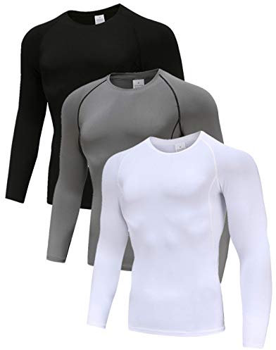 Holure 3 Pack Compression Shirts for Men Long Sleeve Mens Running Top Quick Dry Base Layer Tops for Gym Sports Fitness Workout Black/Grey/White-M