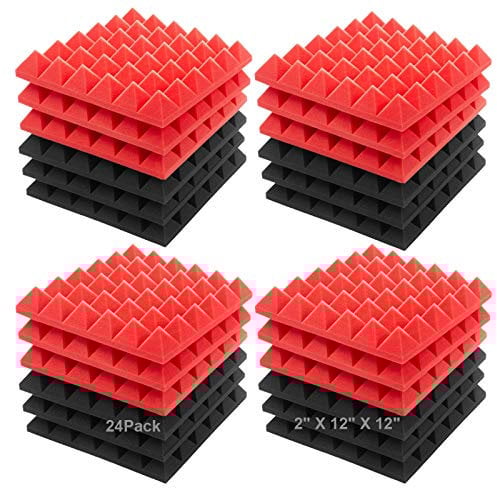JBER Acoustic Sound Foam Panels, 24 Pack 5 X 30 X 30cm/2 X 12 X 12 Red and Black Soundproofing Treatment Studio Wall Padding Sound Absorbing Fireproof Pyramid Acoustic Treatment