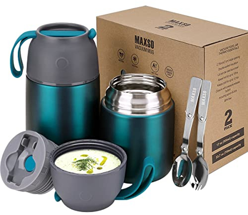 2 Pack Vacuum Insulated Food Jar Hot Food Containers for Lunch School Soup Thermos For Kids,Travel Food Flask Hot Cold (24oz,17oz) (Dark Green)