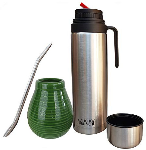 Gaucho Bruno Set Completo per Yerba Mate con Bombilla - Tazza di Ceramica, Cannuccia Riutilizzabile di Acciaio Inox e Fiaschetta da 1 Litro con Beccuccio Anti-Perdita - Kit da Viaggio - Verde