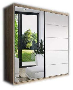 MOEBLO Kleiderschrank Schwebetürenschrank mit Spiegel 2-türig Schrank mit Einlegeböden und Kleiderstange Gaderobe Schiebtüren BxHxT 150x200x61 Lara 05 (Sonoma + Weiß)