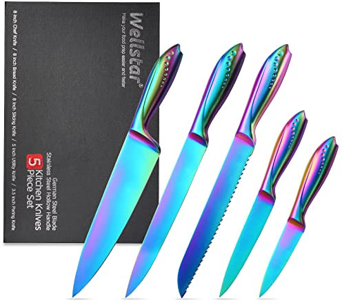 WELLSTAR Chef Knife Sets Kitchen Knives Set 5 Pcs Stainless Steel Kitchen Knife Set with Rainbow Titanium Coated- Professional Knife Set - Cooking Set of Knives