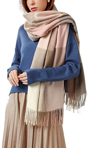 TOPLAZA Damen Langer Schal Karierter mit Quasten Winterschal für Warmen Winter,Rosa Braun, Einheitsgröße