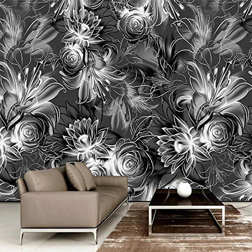 TIANZXS 3D Wallpaper Retro Hand Painted Black And White Rose Flowers Murals Living Room TV Sofa Bedroom 3D -450X300cm