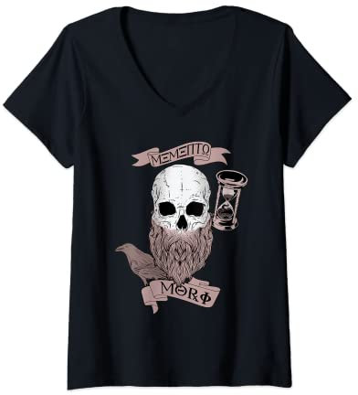 Damen Memento Mori Stoicism Geschenk Bart-Totenkopf Stunde Uhr T-Shirt mit V-Ausschnitt