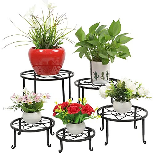 5-in-1 Set Metall Blumenständer Schwarz Wohnzimmer, Blumenhocker Garten für Innen Außen, Blumenregal Regal Balkon Pflanzenregal Dekoratives Pflanzentreppe Indoor Outdoor Deko - Verschieden Höhe
