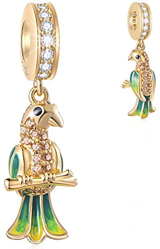 18K Gelbgold überzogene tropische Papagei Anhänger Charms, passen Pandora Tier Armband, 925 Sterling Silber Klar CZ Dangle Emaille Vogel Perlen, Geschenk für Oma/Cousin/Frau Mann
