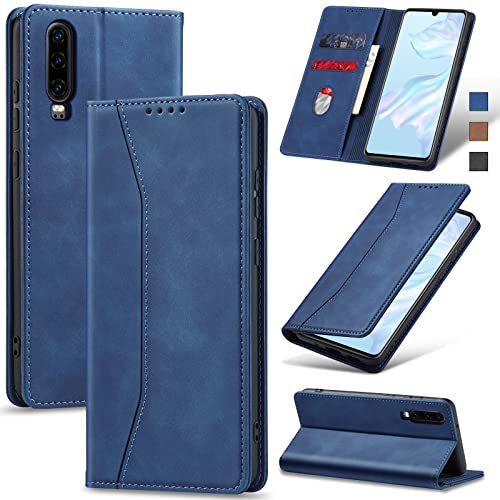 Jasonyu Handyhülle für Huawei P30 Hülle Leder Flip Klappbare Stoßfeste Magnetische Premium PU Leder Standfunktion Kartenfächern Schutzhülle Klapphülle für P30,Blau