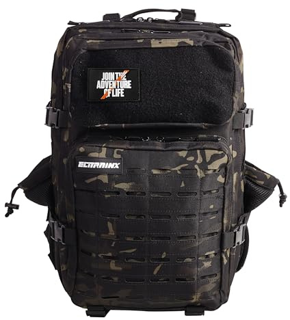 ELITRAINX Mochila Táctica 45L V2 Repelente al Agua – Oxford 1000D, Cabina Avión y Viaje, Gimnasio y CrossTraining, Compartimento Portátil y Zapatillas, Cremallera Impermeable (Camuflaje Negro)