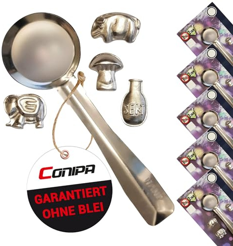 Conipa® - Zinngießen 5-teilig mit 4 Figuren + 1 Schmelzlöffel - Silvester-Gießen Set ungiftige Alternative zum Bleigießen - Wahrsagerei-Partyspiel mit Formen & Deutungsübersicht Kinder & Erwachsene