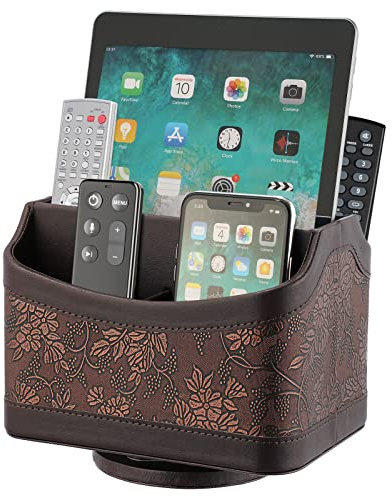 Hossejoy Remote Control Holder 5 Compartments 360 Degrees Rotatable Desktop Supply Organizer PU Leather Storage Caddy Box for TV Guide, Mail,Electronics,Phone,Eyeglasses,Cosmetic Pens, Retro