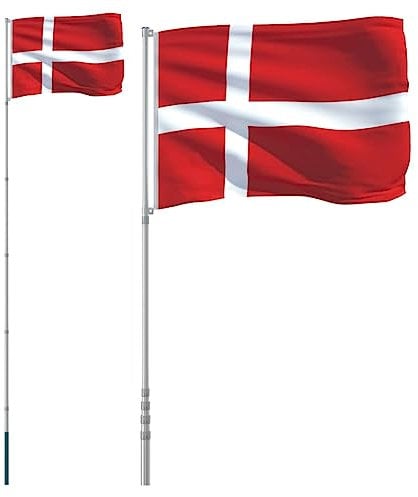 vidaXL Denmark Flag and Pole Decoration Kit - Featuring Durable Polyester Flag and Weather-Resistant Aluminium Telescopic Pole, Ideal for Garden Decor, Sporting Events and Parties