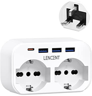 LENCENT Adattatore Presa Inglese da Viaggio, Multipresa Elettrica con 2 Prese e 3 USB e 1 USB-C, 3250W Adattatore Spina UK per Gran Bretagna, Qatar, Irlanda, Gambia, Spina di Tipo G per Viaggio