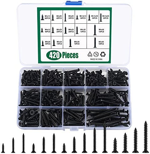 420 Piezas Tornillos Autorroscantes para Madera, Tornillos de Cabeza Plana Cruzada Autoperforantes, Negro Tornillos de Cabeza Redonda para Máquina Muebles Paneles de Yeso - M3/M4/M5