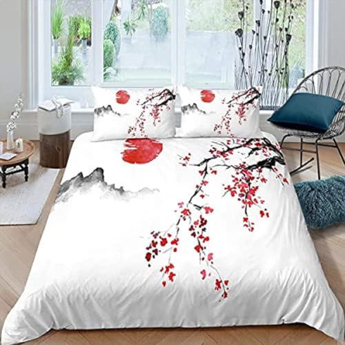 Japanische Kirschblüten Bettwäsche 135x200cm Rote Alpenkirschblüten Bei Sonnenuntergang Kinder Bettbezug Set 3 Teilig Microfaser 3D Motiv Bettdeckenbezug Mit Reißverschluss und 2 Kissenbezüge 80x80cm