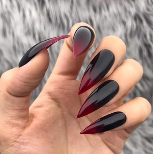 Faux Ongles Long MouyouGlow,Stiletto Halloween Noir Rouge Dégradé Gothic Press on Nails avec Colle à Ongles,Vampire Blood Black Red Gradient Fake Nails