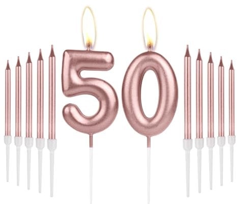 Girls 50th Birthday Decorations - Number 50 Rose Gold Long Candles, Cake Topper for Women's 50th Birthday & Wedding Anniversary Celebrations