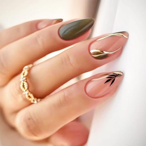 Irikdescia Lot de 24 faux ongles à presser en forme d'amande avec feuilles tourbillonnantes - Vert foncé - Court - Moyen - Pour femme et fille
