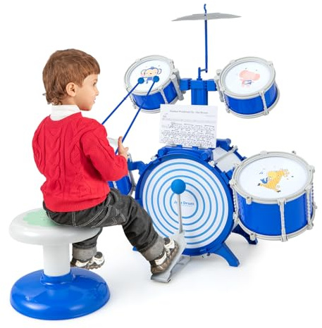 GOPLUS Kinder Schlagzeug, Kinder Trommel Set mit 5 Trommel & Trommelstock & Becken & Pedal, Kinderschlagzeug mit Tiermuster, mit Notenständer & Hocker, Musikinstrumente für Kinder ab 3 Jahre