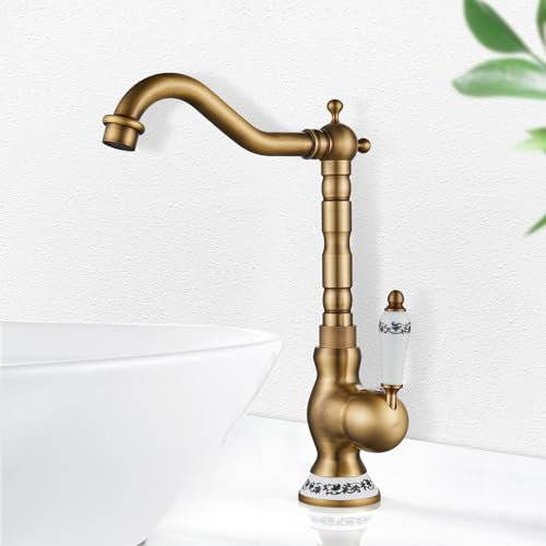 ROWINNAO Wasserhahn Bad Hoch Antikes Messing, Retro Waschtischarmatur 360° Drehbarer, Einhebel Mischbatterie Badarmatur Gold Waschbecken Badezimmer mit Auslauf Höhe 253mm, Kaltes und Heißes