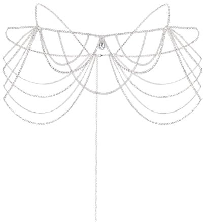 NICENEEDED Strass-Schulterkette, Sexy Kristall-Quasten-Armkette, Braut Mehrlagige Schulter-Körperkette Silberfarbene Rückenkette Halloween