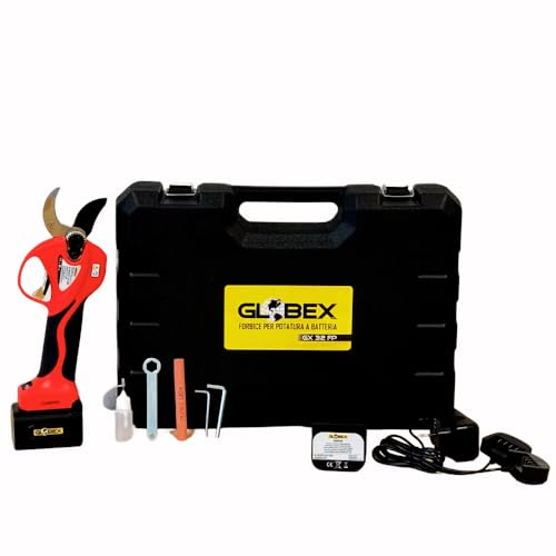 GLOBEX Forbice per Potatura, GX-32-FP, 2 Batterie Litio 14,4V-4,0Ah, 900W di Potenza, Caricabatterie a 2 Vie, Chiavi Sostituzione Lama, Pipetta per Lubrificante, Lima, Valigetta per Trasporto