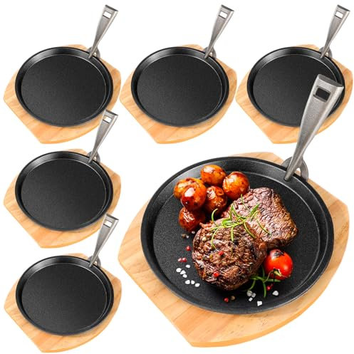 Mimorou 6 Set Cast Iron Fajita Plate Set with Wooden Base Anti Scald Protection Removable Handle Fajita Plate Sizzling Pan Cast Iron Skillets Set for Home Restaurant Kitchen BBQ Cooking (8.7 Inch)