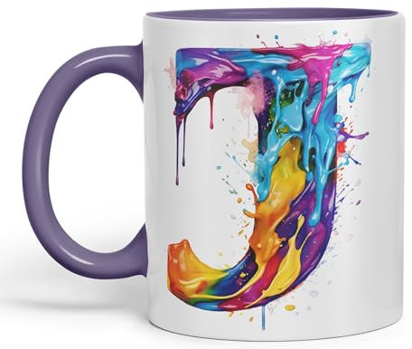 Vixar Letter J Mug, Alphabet Letter J Monogram Watercolour Ceramic Coloured Mug Cup for Tea Coffee Hot Brew 330ml 11Oz Gift (Purple)
