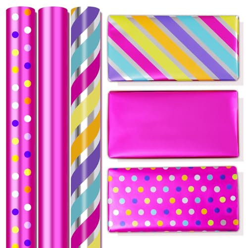 Niviy 3 Rouleaux Papier Cadeau Noel 43CMx3M Papier Cadeau Rose Rouge Rayures de Couleur Papier Cadeau Noel Gros Rouleau pour Noël et Nouvel An