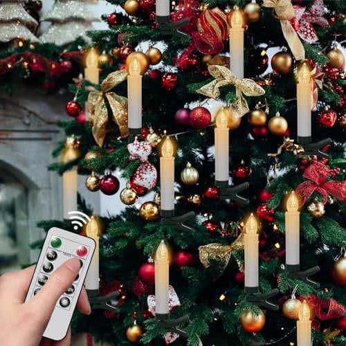 Eldnacele 30er LED Lichterkette Kerzen mit Fernbedienung, Timer und Dimmer, Kabellos Kerzenlichter mit Clip, Flammenlose Weihnachtskerzen für Tannenbaum Weihnachtsbaum, Hochzeit, Geburtstags, Party