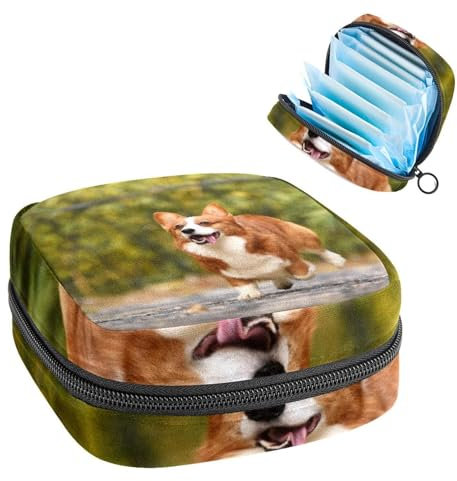 Damenbinden Aufbewahrungstasche Periode Kit Tasche für Schule Menstruationstasse Beutel Damenbinden Organizer Tasche Haustier Hund Corgi Laufen im Hof