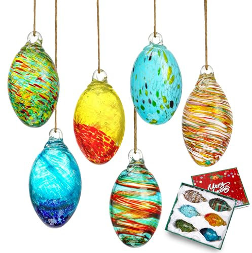 Set mit 6 bunten mundgeblasenen Glas-Weihnachtsschmuck, Glas-Hängeei-Ornamente, Dekoration für Hochzeit, Party, Osterei, Dekoration für Zuhause
