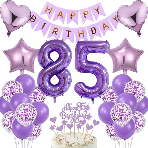 85 Geburtstag Deko 85. Geburtstag Tortendeko Geschenk Lila Violett Ballon Set Happy Birthday Banner Zahl85 Folienballons Kuchentopper Jubiläum Partyset geeignet Frauen Mann Senioren Tischdeko