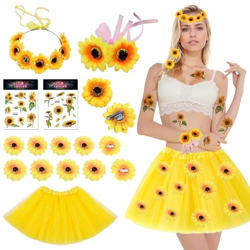 HIQE-FL Damen Sonnenblumen Kostüm,Sonnenblumen Kostüm Accessoires Set,Sonne Damen,Gelb Tüllrock,Haarschmuc,für Karneval,Fasching,Mottoparty