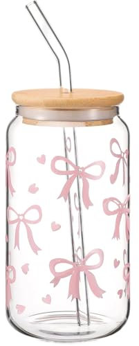 Coquette Aesthetic Glass Cups with Lids and Straws, Pink Bow Iced Coffee Cup, 16oz Cute Glass Tumbler Gifts for Women Girls Friends