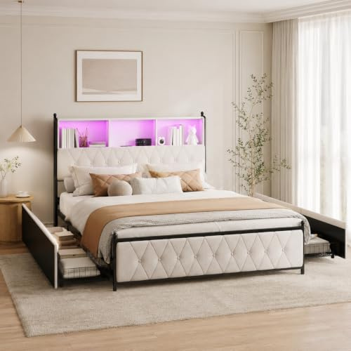 JiaOyu Polsterbett Doppelbett 180x200cm, Funktionsbett mit LED-Beleuchtung & Ladestation, LED Bett, Stauraumbetten mit 4 Schubladen, Samt, Ohne Matratze