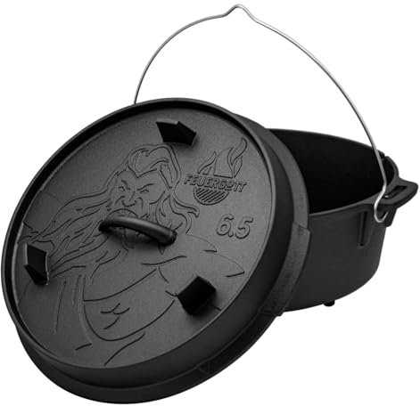Feuergott Dutch Oven 6,5L mit Füßen – XL Feuertopf aus Gusseisen für Lagerfeuer, Dreibein, Glut, Outdoor – Ideal für Brot, BBQ, Schichtfleisch, Braten, Gulasch, Gruppen, Bräter, Camping, Schmoren