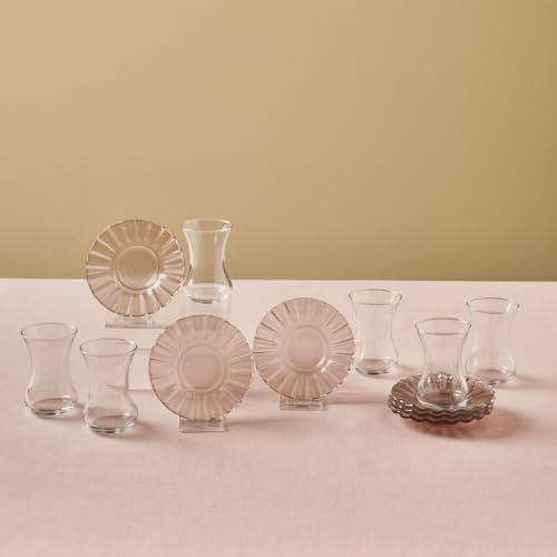 Karaca Luna 12-Piece Turkish Tea Glasses for 6 People, 130ml Glass Tea Cups with Elegant Light Brown Glass Saucers