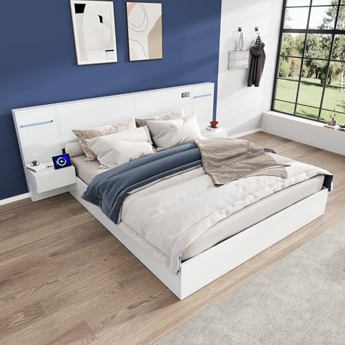 Zepneiy Lit 160x200 avec Sommier Parleur Bluetooth et USB, Lit Double 160x200 avec 2 Tables de Chevet et tête de, Cadre de Blanc (sans Matelas)
