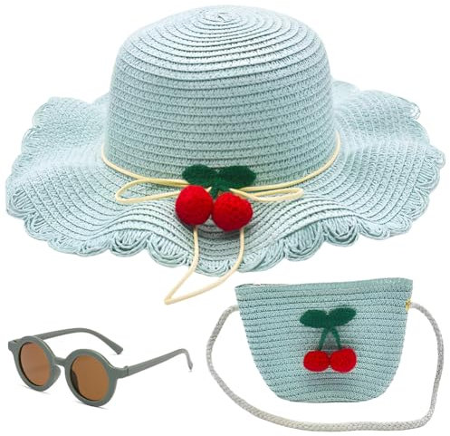 KDFSSIPE Sombrero de Paja Niñas Gafas de Sol Verde Sombrero para el Sol Bebe Mini Bolso de Paja Cereza Sombreros de Paja para la Playa de Verano Actividades al Aire Libre, 3 Piezas