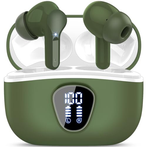 Bluetooth Kopfhörer, Kopfhörer Kabellos Bluetooth 5.4 In Ear, 4 ENC Noise Cancelling Mic Ohrhörer, HiFi Stereo Tiefbass, 40H Spielzeit, LED-Anzeige, IP7 Wasserdichte Earbuds, Touch Control, Retro Grün