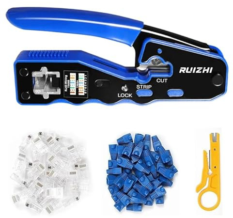 Rj45 Crimp Tool Kit, Ethernet Crimping Tool Kit with rj45 Crimping Tool, 50pcs Covers, 50pcs Connectors and Mini Stripper for 8P Cat5 Cat6 Pass Through Connectors Network Crimp Tool