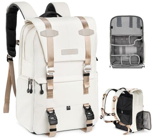 K&F CONCEPT 20L Camera Backpack for Photographers Large Capacity PU Leather Camera Bags with Raincover, 15.6 Inch Laptop Compartment for Camera Drone Bags (Beige)