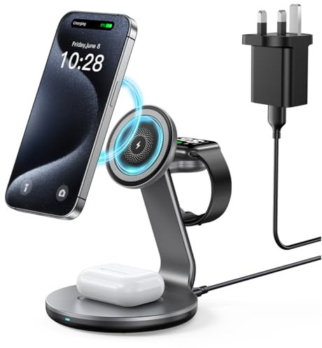 HERRBOL 3 in 1 Wireless Charging Station Compatible with iPhone 16/15/14/13/12/Pro/Pro Max/Mini, for Apple Watch Ultra/8/7/SE/6/5/4/3/2, AirPods 3/2/ Pro (with Adapter)